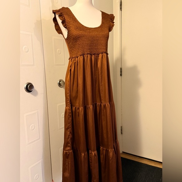 NATURAL LIFE Dresses & Skirts - “Natural Life” Women’s Satin Coffee Brown Oliva Smocked Maxi Dress